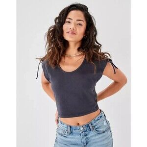 AMERICAN EAGLE AE Cinch Shoulder Tee XL Gray Cropped Top Scoop Neck Tank NEW B11